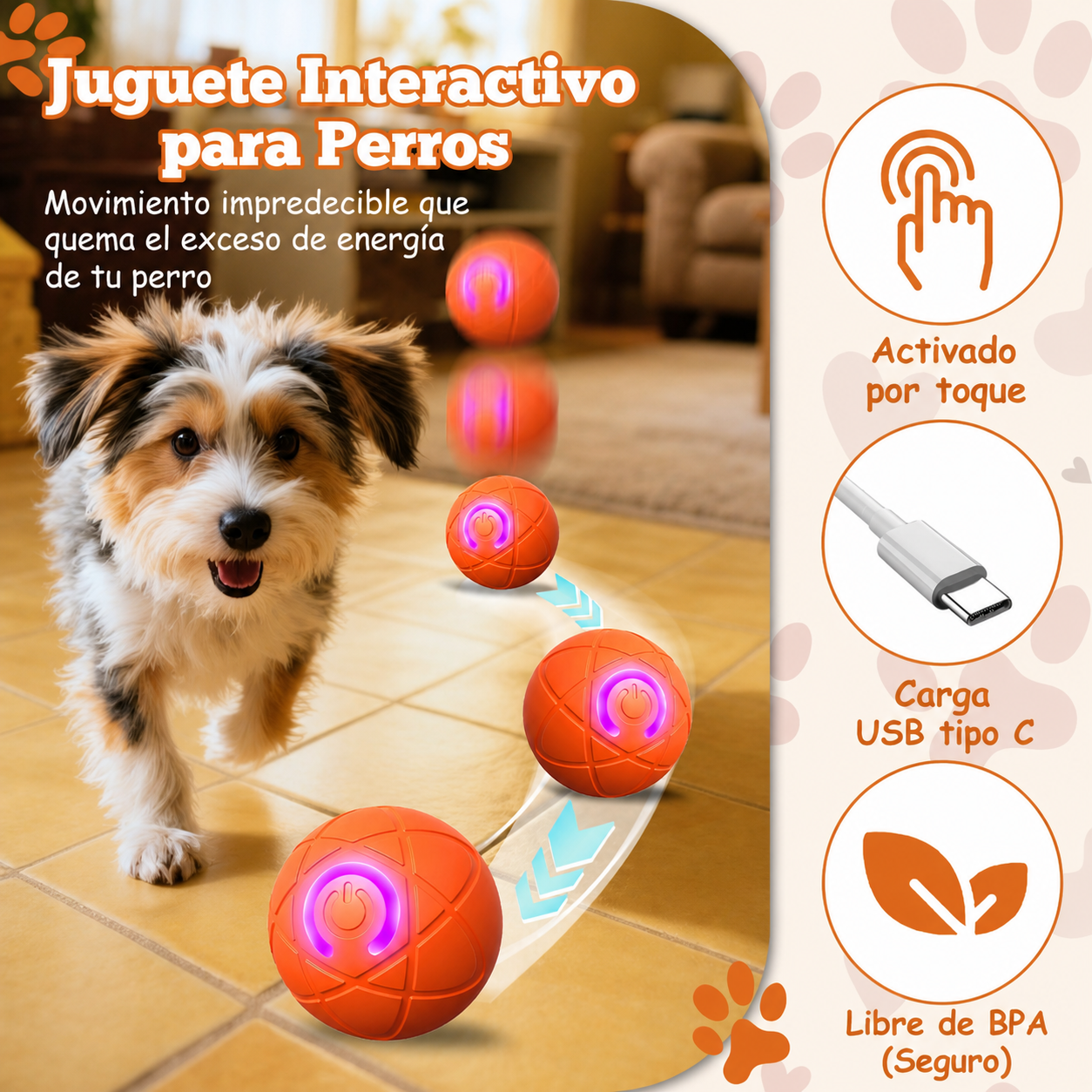 Pelota automática e interactiva para mascotas.